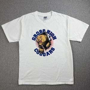 90s Cross High Cougars Tee White Graphic School Mascot Gildan Large Y2K